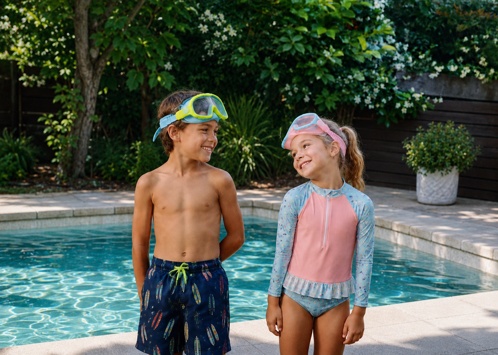 Kids by the pool wearing Lakeday swim goggles