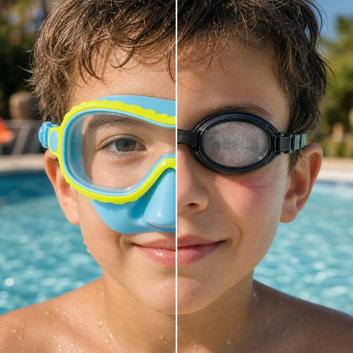 Half-face comparison: a Lakeday goggle on one side, a common tight-seal goggle on the other